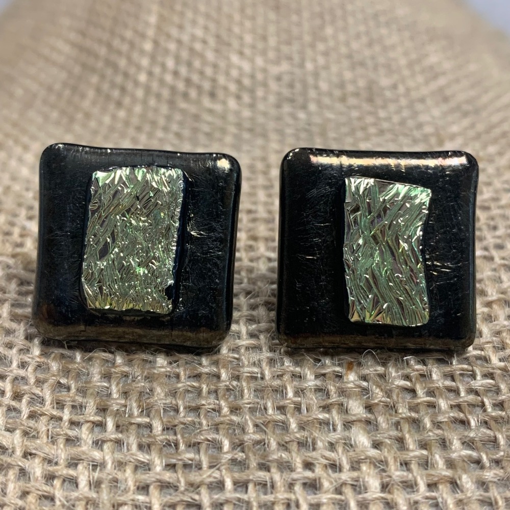 Handmade Dichroic Glass Clip On Earrings Black Green Square Iridescent Artisan